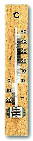 Holzthermometer mit Celsius-Skala von -20 bis 50 und schwarzer Markierung, unten kleines Metallelement