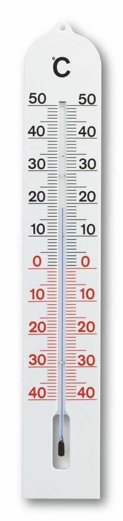 Weißes Thermometer zum Aufhängen mit Celsius-Skala von -40 bis 50 und Kapillarröhre in der Mitte