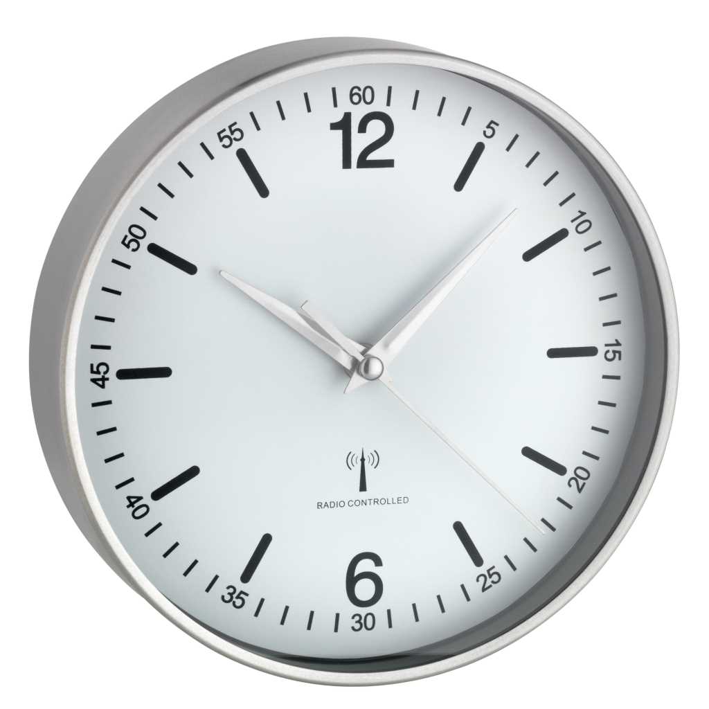 Runde Wanduhr mit silbernem Rahmen, weißem Zifferblatt, schwarzen Markierungen sowie 12 und 6, Zeiger auf 9:10 Uhrzeit