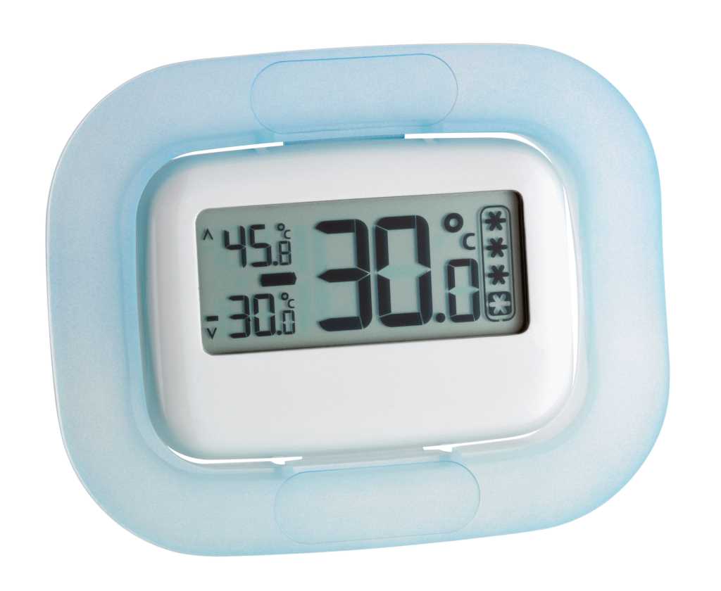 Digitales Thermometer mit blauem Rahmen und Display mit großer Anzeige 30,0 °C sowie Min- und Max-Werten und Symbolen