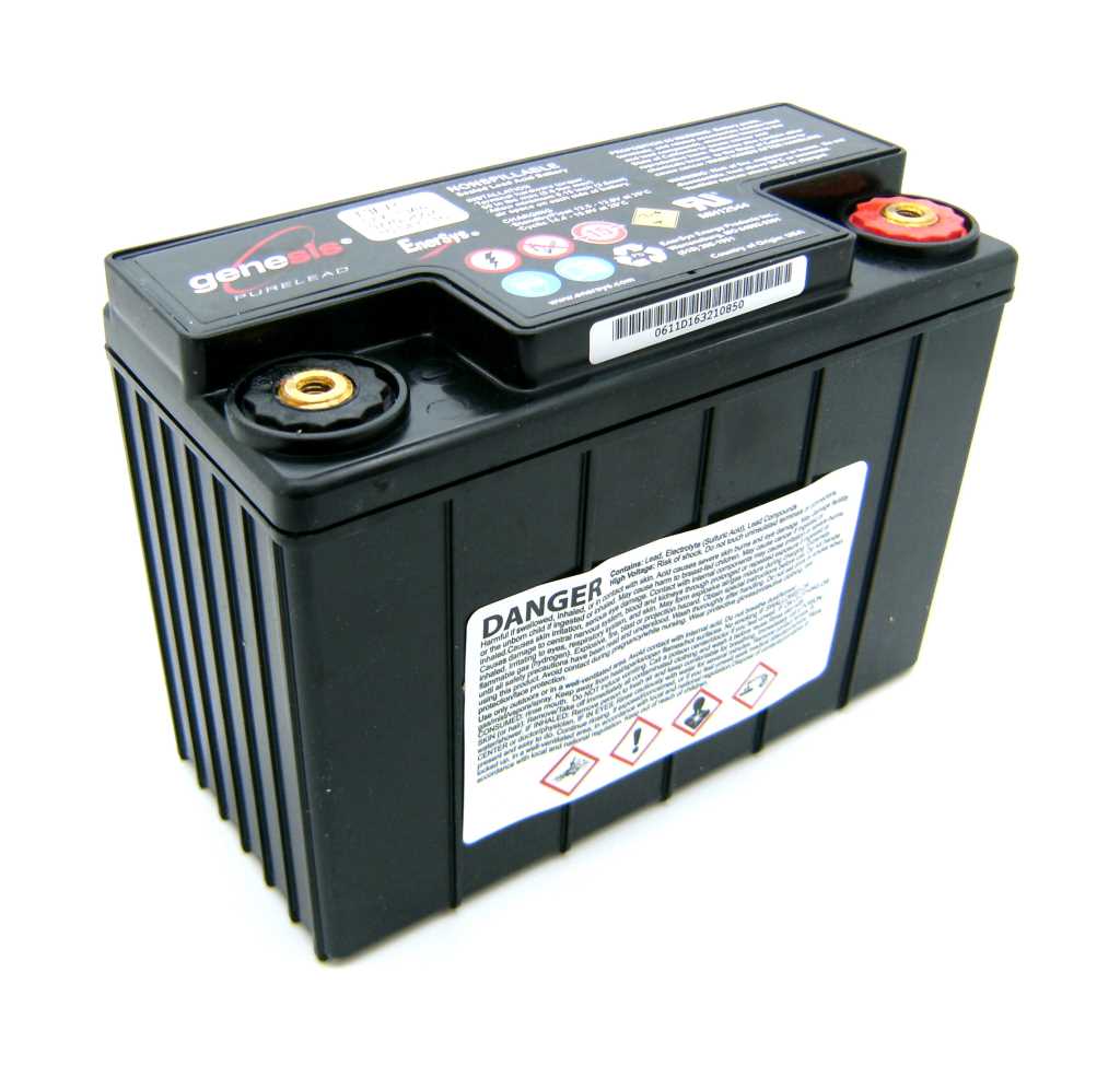 Schwarzer Akku mit zwei Schraubpolen oben, rotem Pluspol rechts und Warnetikett auf der Vorderseite