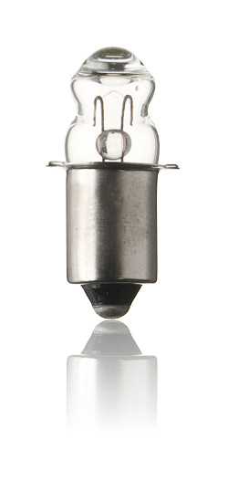 Kleine Glühbirne mit Metallfassung und klarer Glaskuppel vor weißem Hintergrund