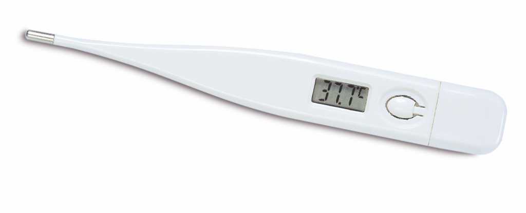 Weißes digitales Thermometer mit Display und runder Taste auf weißem Hintergrund