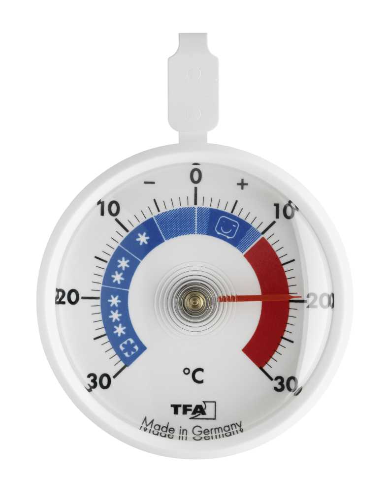 Rundes Analogthermometer mit weißem Gehäuse und Hänger, Skala von -30 bis +30 °C, Zeiger bei +20