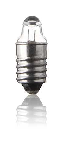 Kleine Glühbirne mit Schraubsockel und klarer, kuppelförmiger Glasabdeckung auf weißem Hintergrund