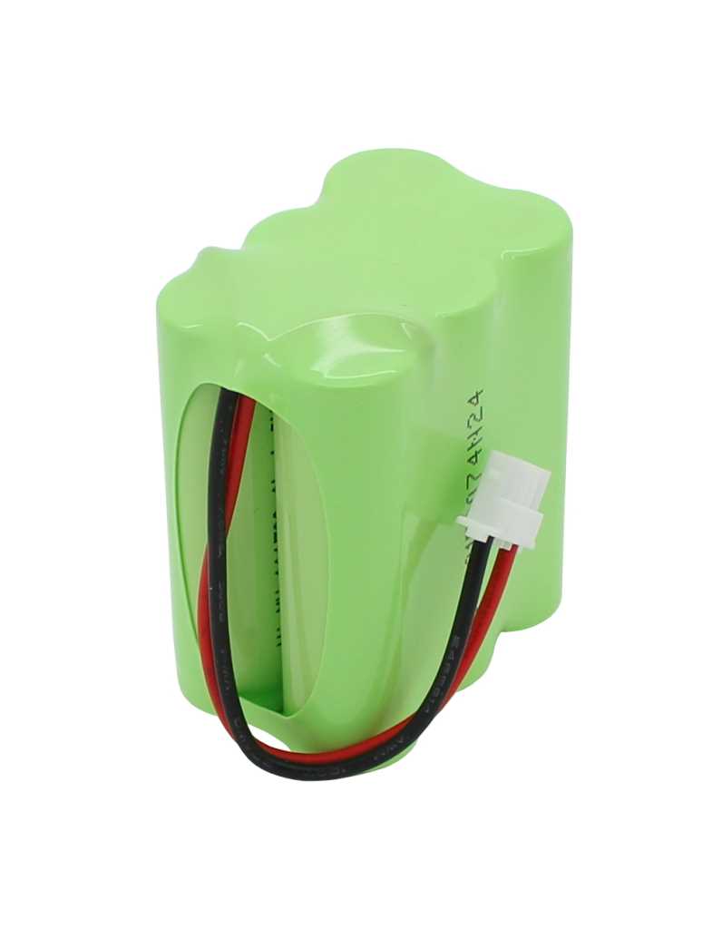 Grüner Akkupack mit rotem und schwarzem Kabel sowie weißem Steckverbinder auf weißem Hintergrund