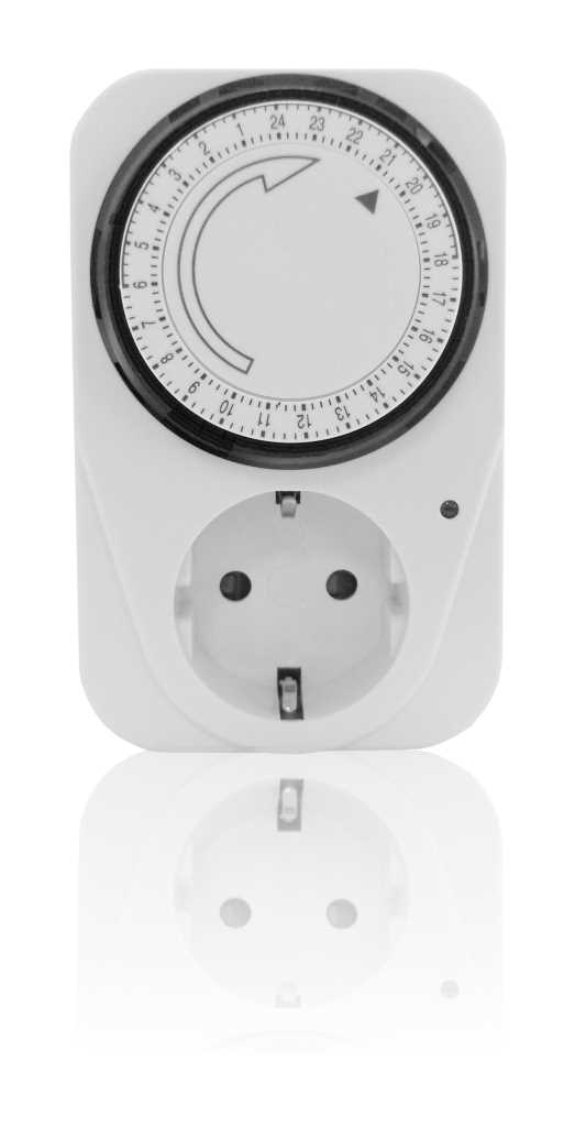 Weiße Steckdosen-Zeitschaltuhr mit runder 24-Stunden-Skala oben und Schuko-Steckdose unten
