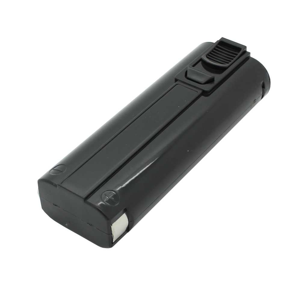 Schwarzer Akku mit Schiebekontakt und Entriegelungstaste auf weißem Hintergrund