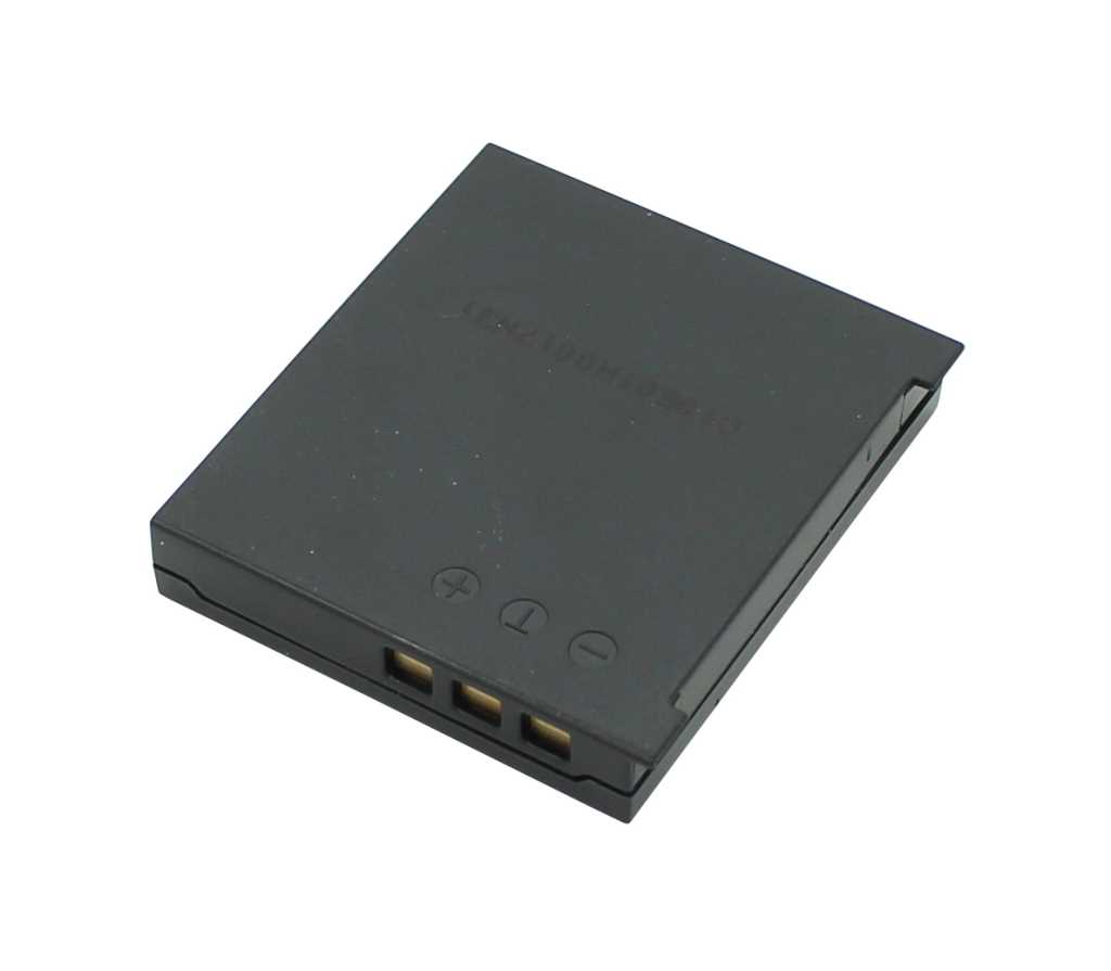 Schwarzer rechteckiger Akku mit drei goldfarbenen Kontakten und Plus- und Minus-Markierung auf der Oberseite