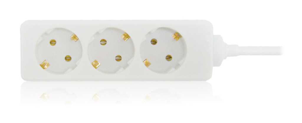 Weiße Steckdosenleiste mit drei runden Steckplätzen und Kabelanschluss rechts