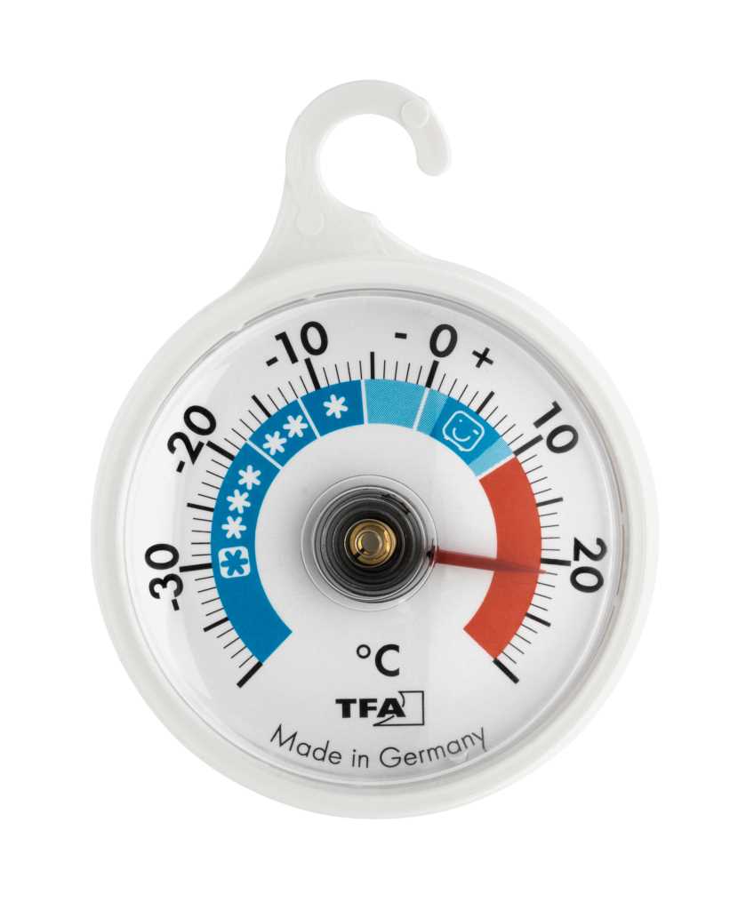 Rundes Thermometer mit weißem Gehäuse und Haken, Skala von -30 bis 20 °C, roter Zeiger bei 20