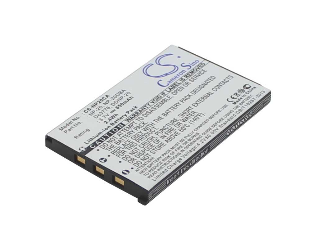 Flacher Lithium-Ionen-Kameraakku mit silbernem Etikett und drei goldfarbenen Kontakten an der Schmalseite