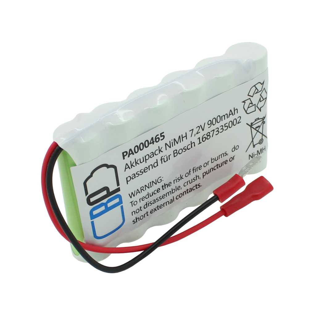 Weiß ummantelter Akkupack mit Etikett, rotem und schwarzem Kabel sowie zwei roten Steckkontakten auf weißem Hintergrund