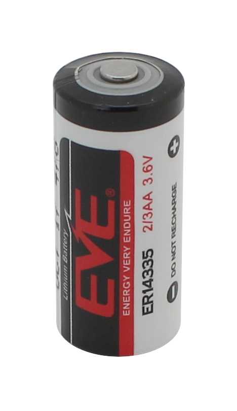 Zylindrische Batterie in Schwarz-Weiß mit rotem Streifen, Ansicht von der Seite mit sichtbarem Pluspol oben