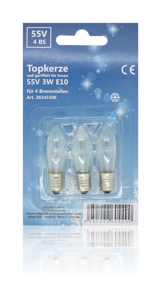 Blisterverpackung mit drei klaren, geriffelten Kerzenlampen mit Schraubsockel vor blauem Hintergrund mit Schneeflockenmotiv