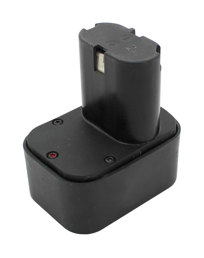 Schwarzer Akkupack mit rechteckigem Sockel und erhöhtem Steckteil mit sichtbarem Metallkontakt an der Seite