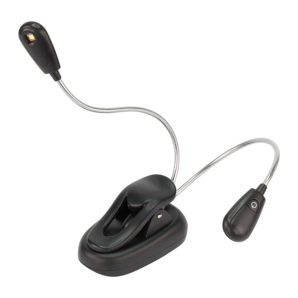 Schwarze Klemmleuchte mit flexiblem Metallarm und kleinem Schalter am Kabel auf weißem Hintergrund