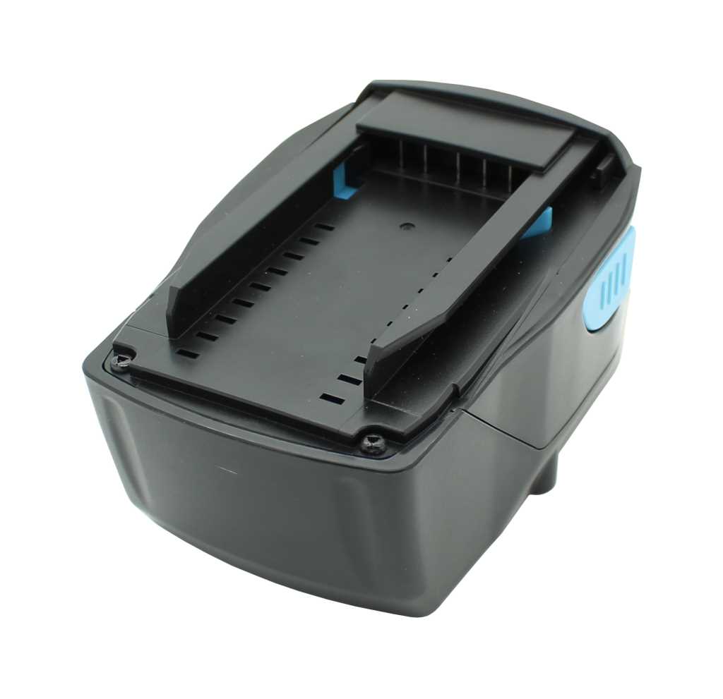 Schwarzer Werkzeugakku mit blauem Entriegelungsknopf und Aufnahmeschiene, Ansicht schräg von oben