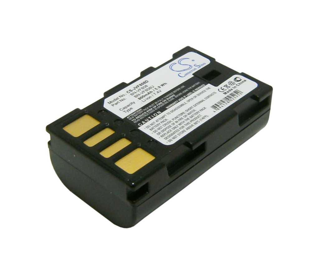 Schwarzer Kameraakku mit weißem Etikett und drei goldfarbenen Kontakten auf weißem Hintergrund