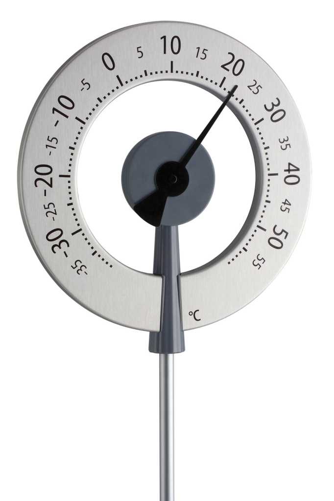 Rundes Thermometer mit silbernem Skalenring, schwarzem Zeiger und grauem Stab vor weißem Hintergrund