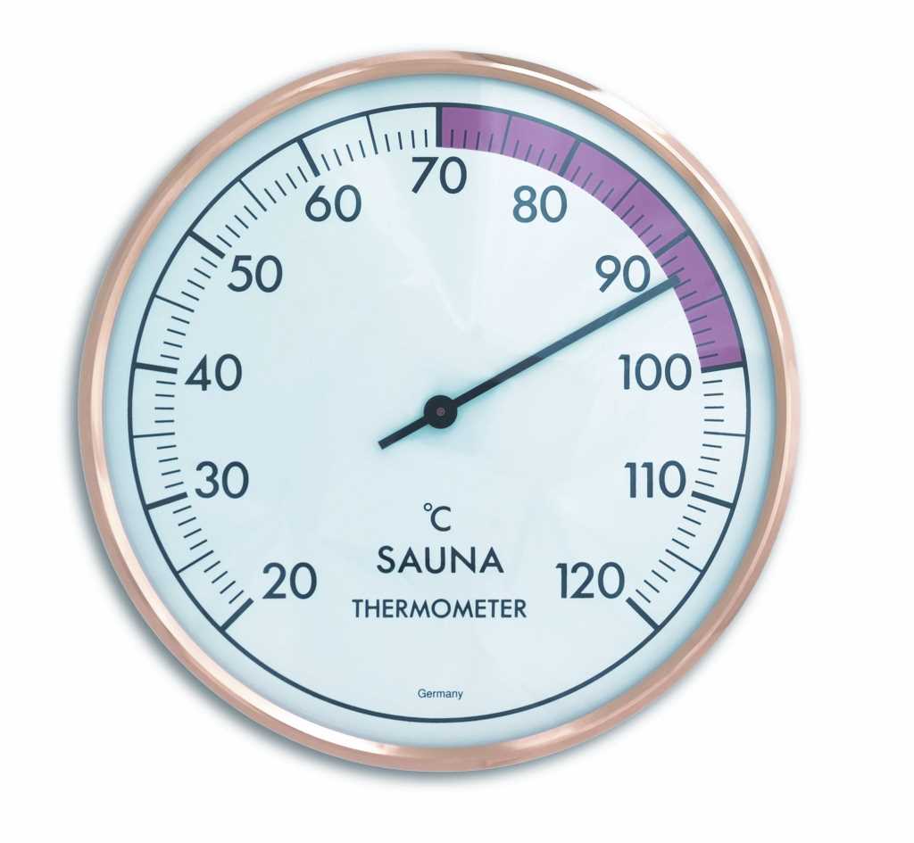 Rundes Thermometer mit kupferfarbenem Rand, Skala 20–120 °C, Zeiger bei etwa 90, violett markierter Bereich 70–100