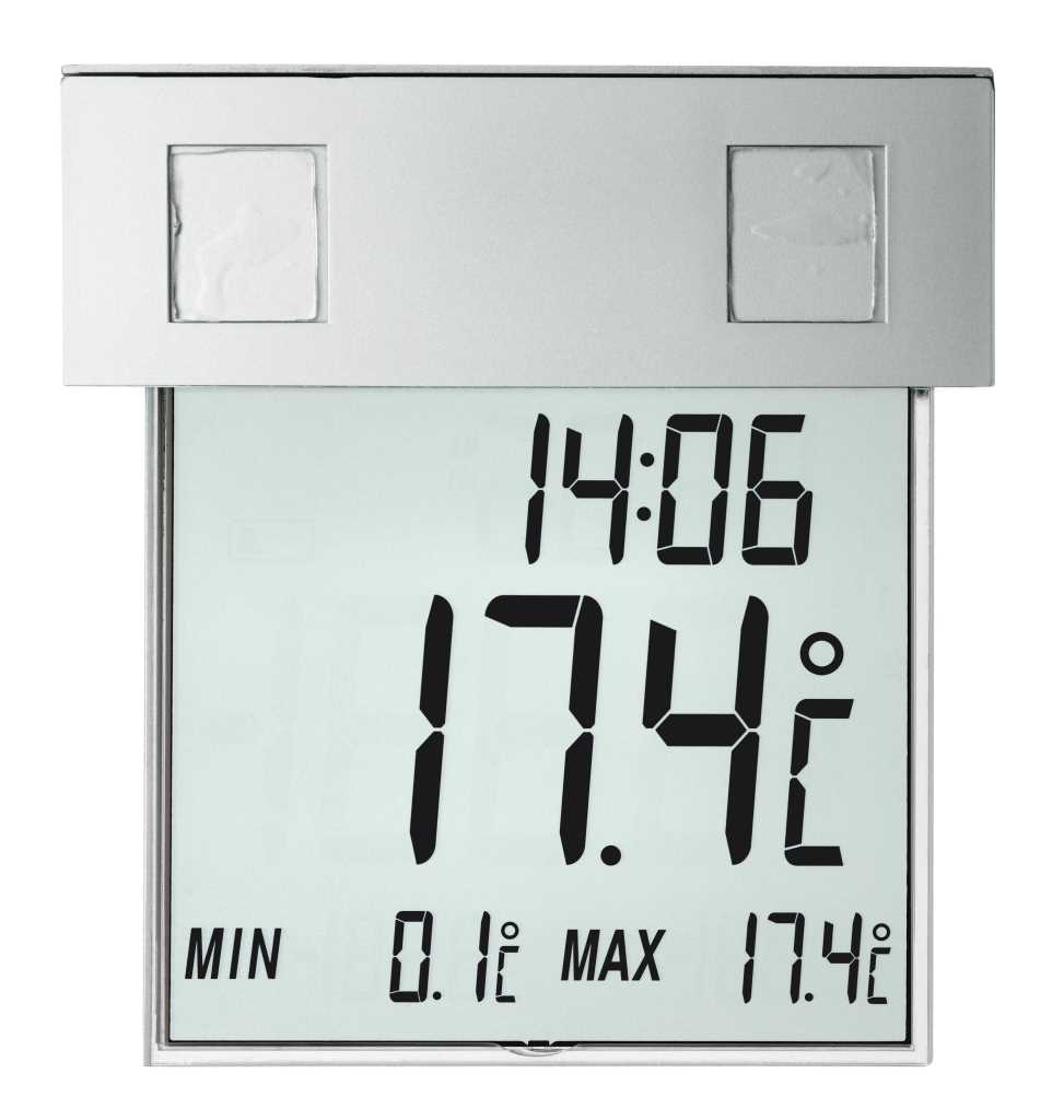 Fensterthermometer mit großem Display und zwei hellen Feldern oben, darunter Ziffernanzeige für Uhrzeit und Temperatur