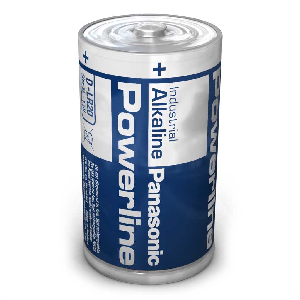 Blaue und weiße Mono-D-Batterie mit sichtbarem Pluspol oben, freigestellt vor weißem Hintergrund