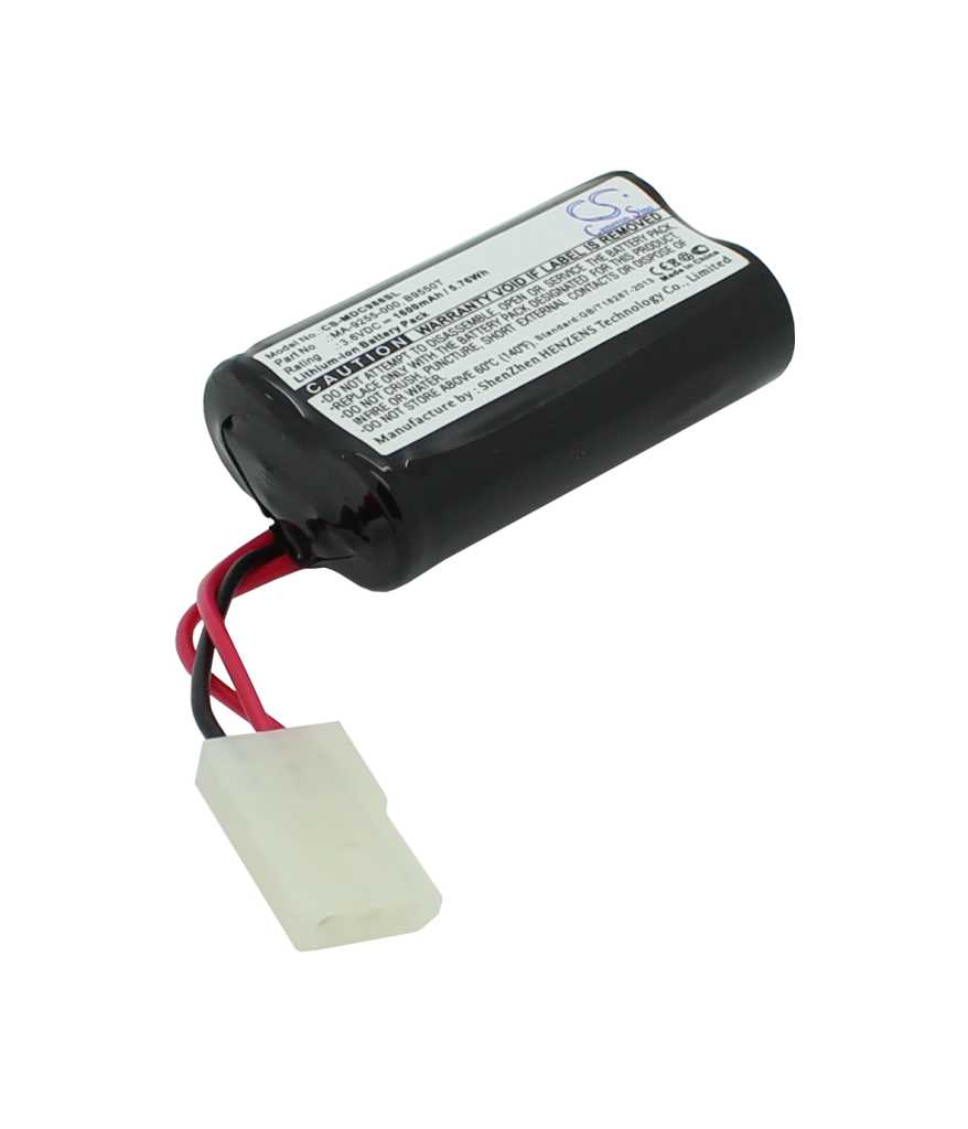 Schwarzer zylindrischer Akkupack mit Etikett, zwei roten und einem schwarzen Kabel sowie weißem Stecker