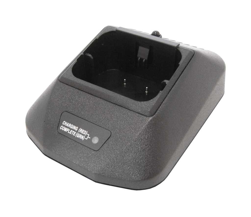 Schwarze Ladestation mit rechteckiger Akkuaufnahme und Statusfeld mit roter und grüner Anzeige vorn