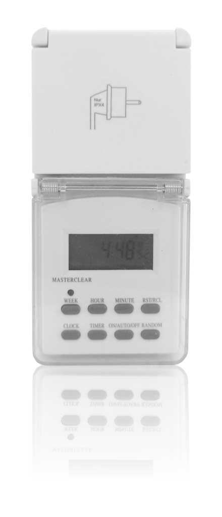 Weiße digitale Zeitschaltuhr mit transparentem Klappdeckel, Display und Tastenfeld in Frontalansicht