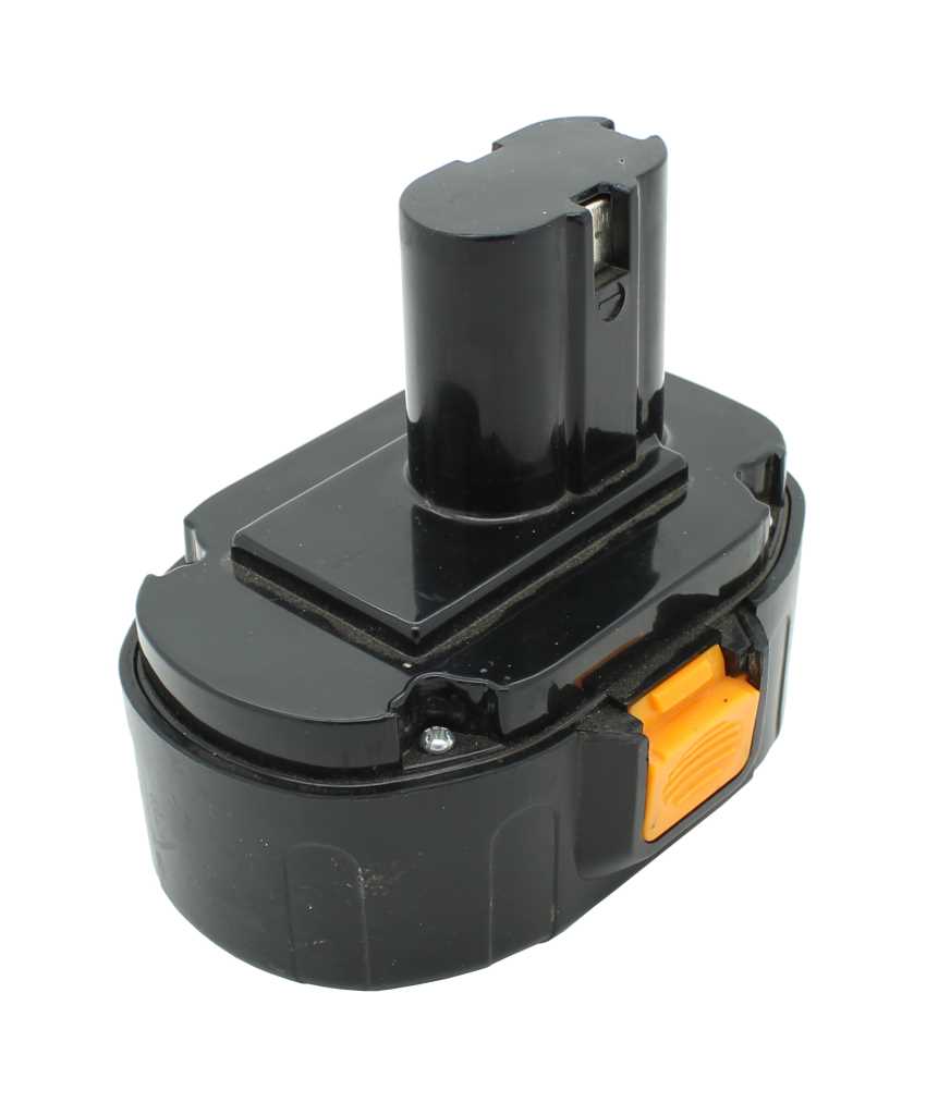 Schwarzer Akku mit abgerundeter Basis, oben steckbarer Anschluss und seitlicher orangefarbener Entriegelungstaste