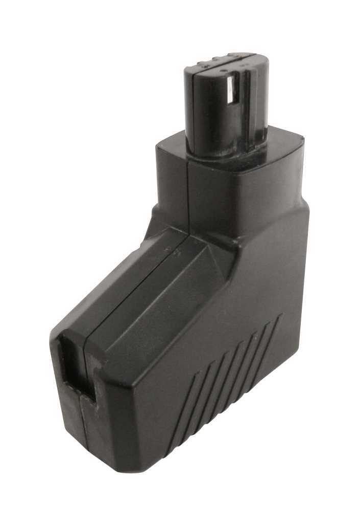 Schwarzer Werkzeugakku mit Steckanschluss oben und geriffelter Seitenfläche, seitliche Ansicht auf weißem Hintergrund