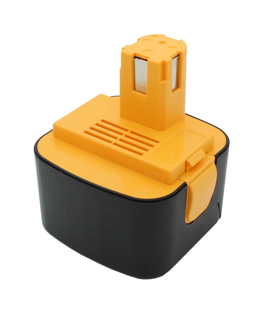 Schwarz-gelber Werkzeugakku mit rechteckigem Sockel, Lüftungsschlitzen und aufgesetztem Steckkontaktblock