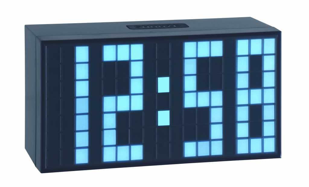Schwarzer Digitalwecker mit eisblauem LED-Display, zeigt 10:30 an