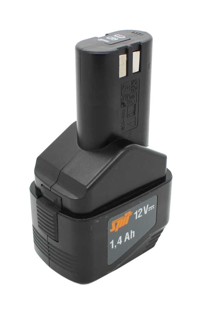 Schwarzer Werkzeugakku mit zwei Metallkontakten und Etikett mit Spannungs- und Kapazitätsangabe auf der Seite