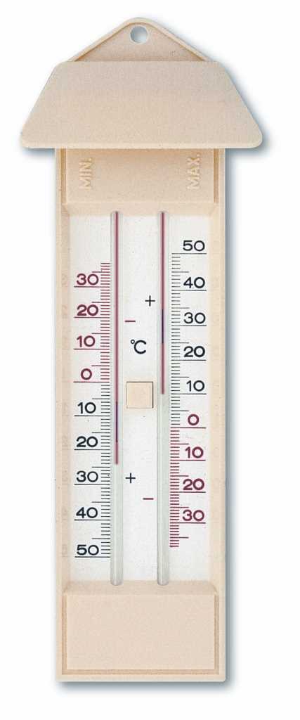 Beiges Thermometer mit zwei Kapillaren, Skala von -50 bis 50 °C und Aufhängeloch oben
