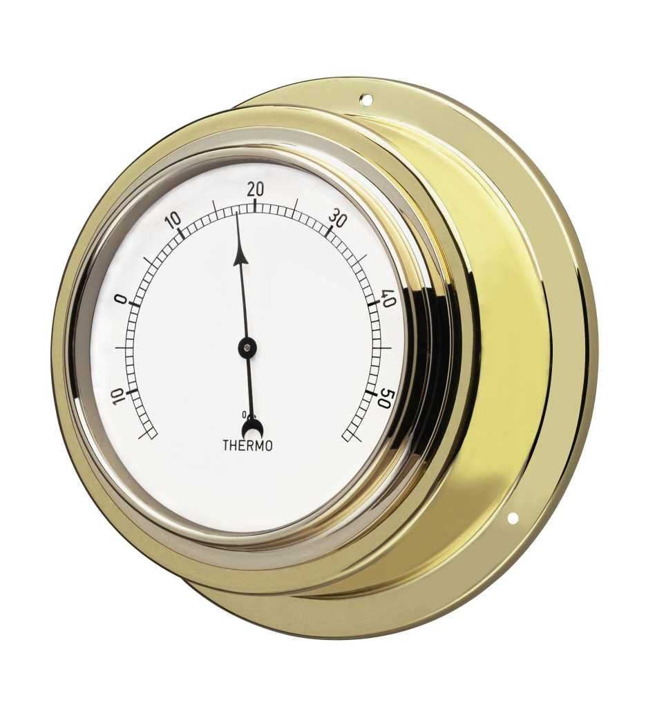 Rundes Wandthermometer in goldfarbenem Metallgehäuse mit weißem Zifferblatt und Zeigeranzeige bis 50°C