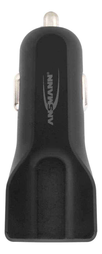 Schwarzer Kfz-Adapter mit Metallkontakt oben und seitlichen Federkontakten, Vorderansicht auf weißem Hintergrund