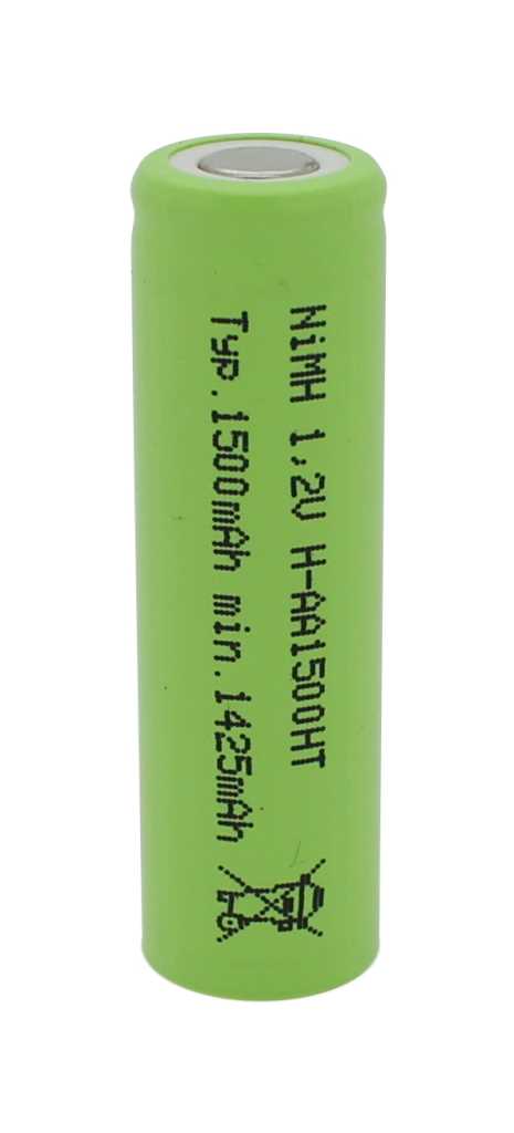 Grüner zylindrischer Akku mit flachem Pluspol, schwarze Aufdrucke und durchgestrichenes Mülltonnen-Symbol