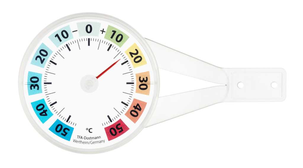 Rundes Zeigerthermometer mit farbiger Skala und transparentem Befestigungsarm mit zwei Löchern rechts
