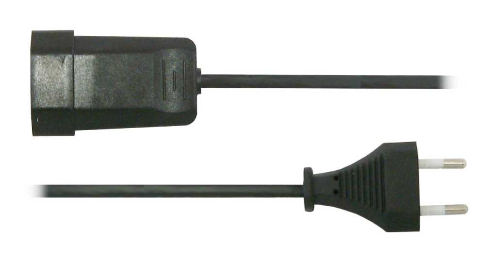 Schwarzes Verlängerungskabel mit Eurostecker und Kupplung, seitlich dargestellt auf weißem Hintergrund