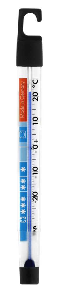 Transparentes Stabthermometer mit schwarzem Haken oben und schwarzer Kappe unten, blaue Skala und Flüssigkeitssäule