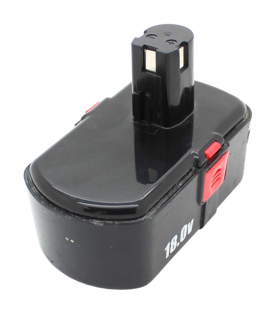Schwarzer Akku mit Kontaktstift, roten Entriegelungstasten und weißer 18.0V-Aufschrift auf der Seite