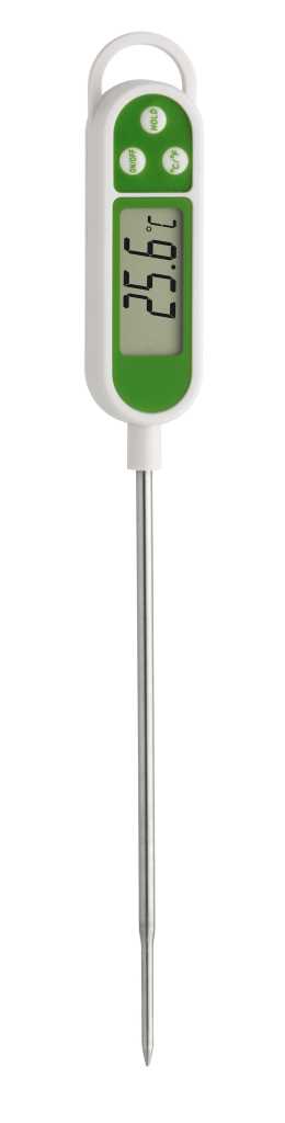 Weiß-grünes digitales Thermometer mit Display, drei Tasten, Aufhängeöse und langem Metallfühler