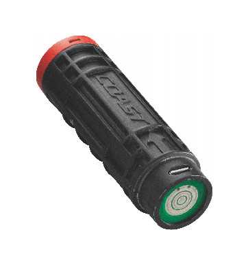 Schwarzer zylindrischer Akku mit roter Kappe und grünem Kontaktkreis an der Stirnseite auf weißem Hintergrund