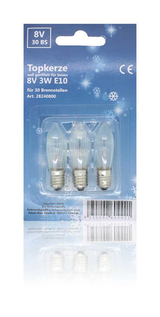 Blisterverpackung mit drei klaren, geriffelten Kerzenlampen mit Schraubsockel auf blauem Hintergrund mit Schneeflockenmotiv