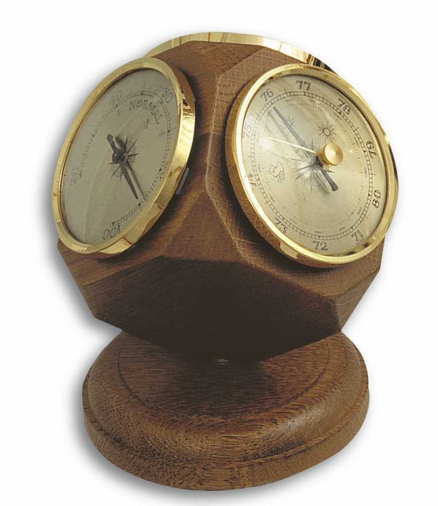 Holzsockel mit drehbarem Körper und zwei runden Messinstrumenten mit goldfarbenen Rändern