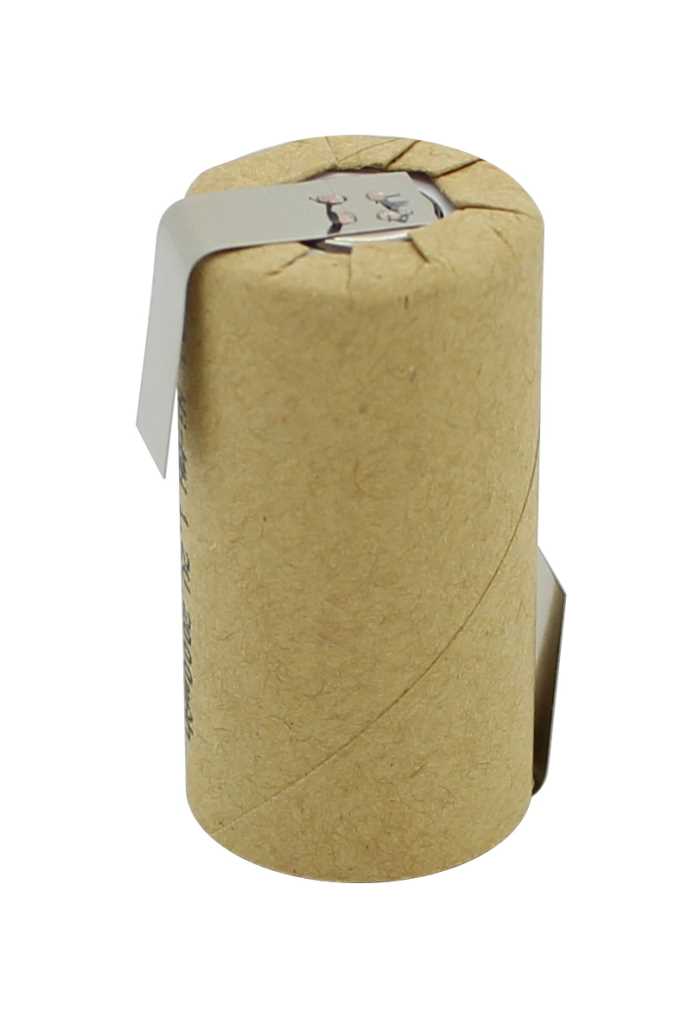 Zylindrischer Akku mit brauner Papierummantelung und zwei Metall-Lötfahnen an den Enden in Z-Form