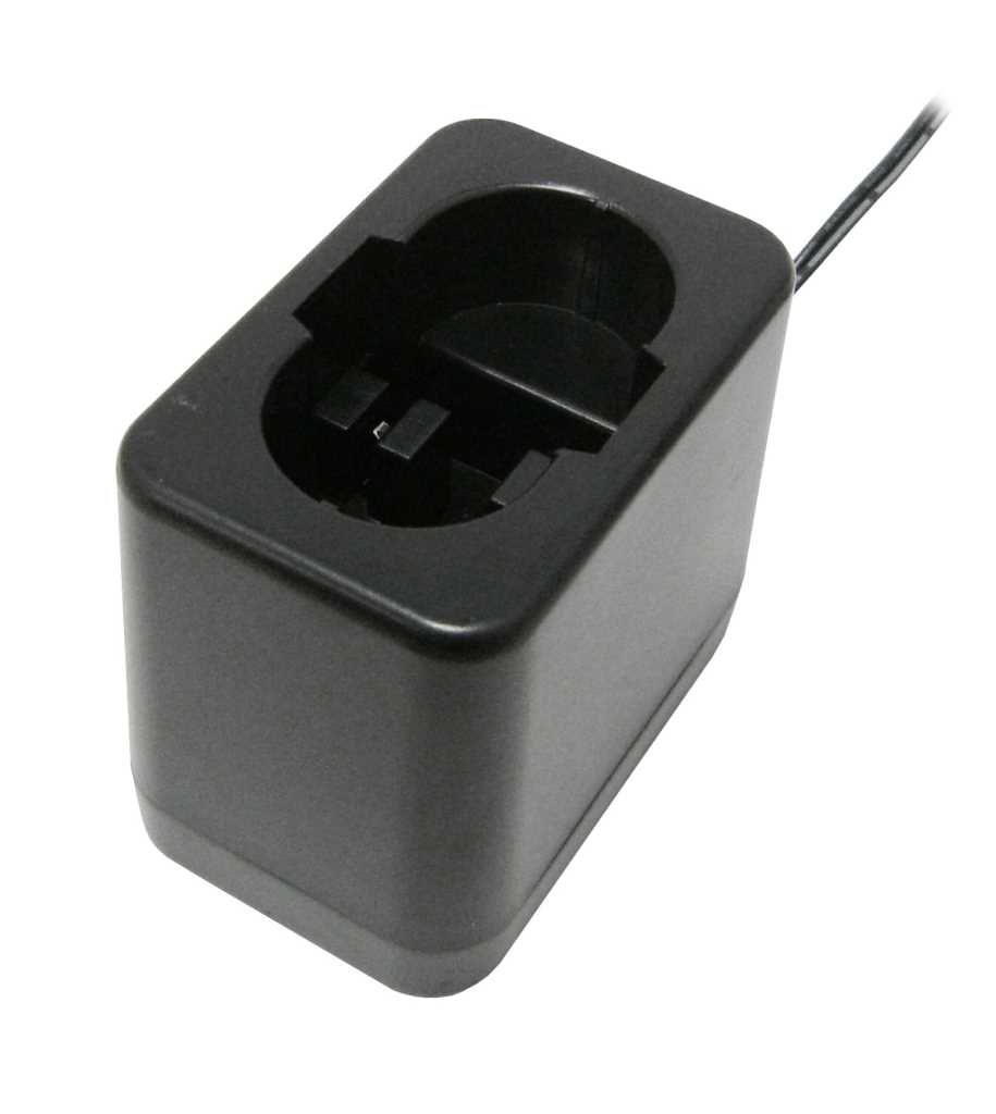 Schwarze Ladestation mit ovaler Aussparung und Kabel auf weißem Hintergrund