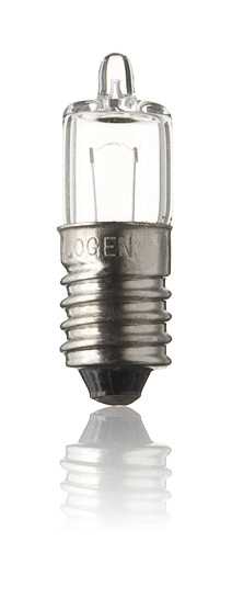 Kleine Glasglühlampe mit Schraubsockel, freigestellt auf weißem Hintergrund mit Spiegelung